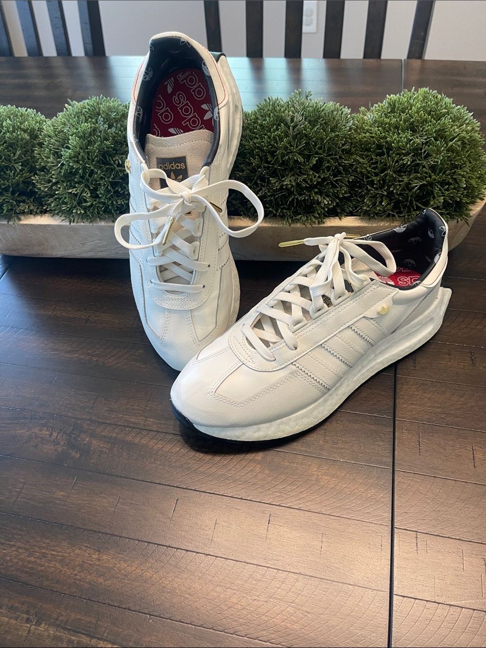 adidas Men’s White Sneakers with Black and Red Interior Accents